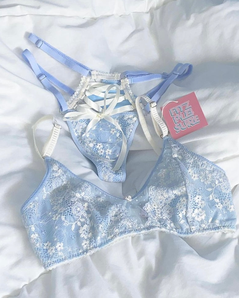 blue lace, baby blue, ice blue, lace bralette, blue bralette, baby blue bralette, white lace, floral bralette, blue floral lace, fitzpleisure, ice angel set