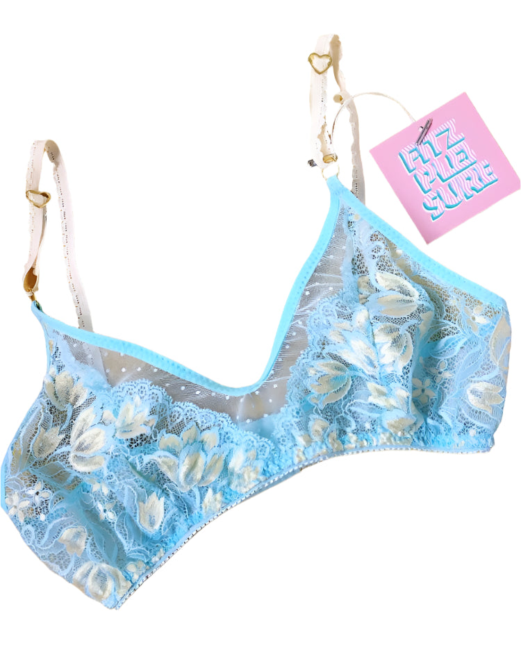 Blue lace bra with yellow tulip flowers