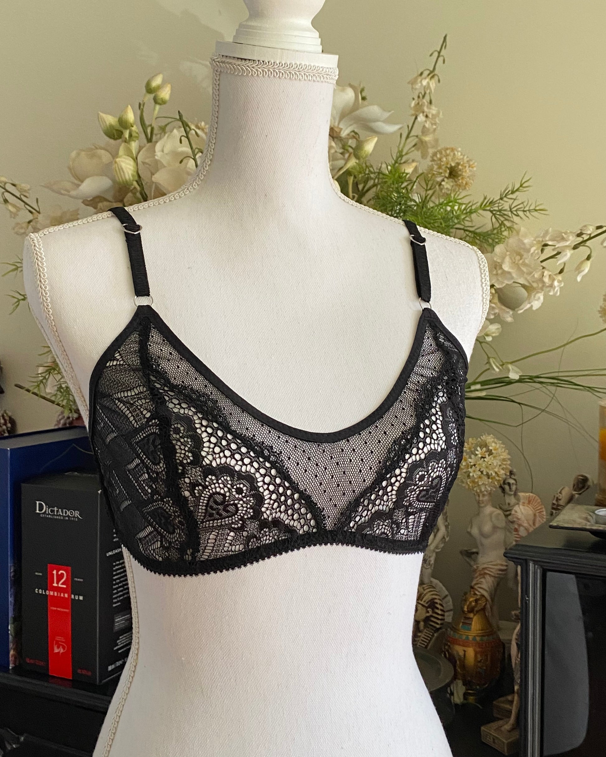 black lace bralette, fitzpleisure, soft bra, soft black bra, black bralette, black heart, lacy lingerie