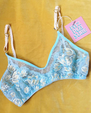 Blue lace bra with yellow tulip flowers